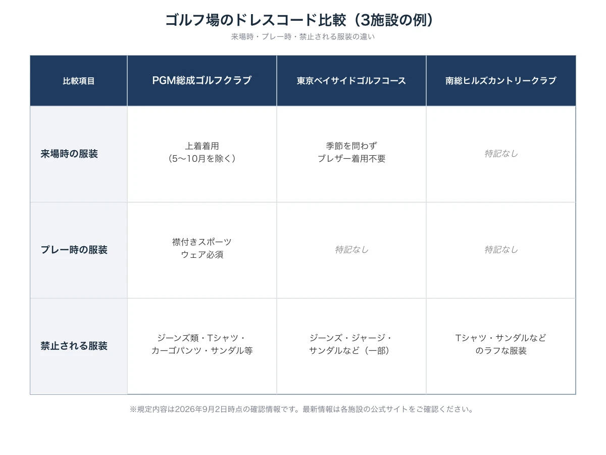ゴルフ場3施設のドレスコード規定の違いを比較した表